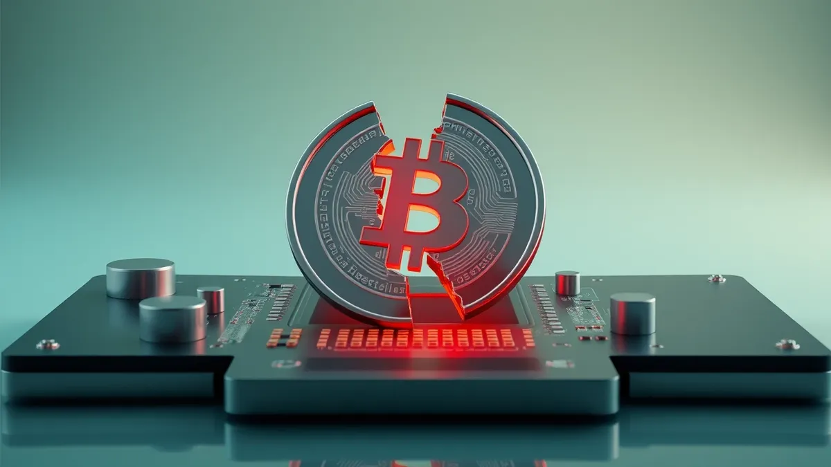 Illustration: A fragmented digital token hovers over a glowing circuit board, its edges glowing red to signal weak integrity.