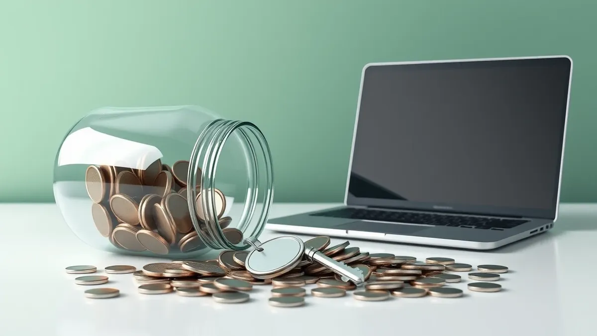 Illustration: A shattered glass cookie jar spills metallic tokens onto a white desk near a blank laptop screen, with a single silver key resting among the debris.