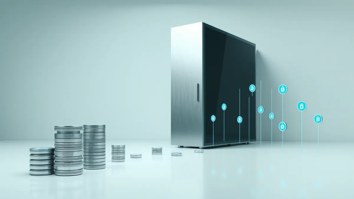 Illustration: A sleek server tower sits in a clean, white room, with invisible blue lines connecting to floating digital tokens.