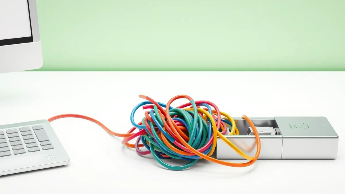 Illustration: A tangled knot of colorful electrical cords sits on a clean white desk.