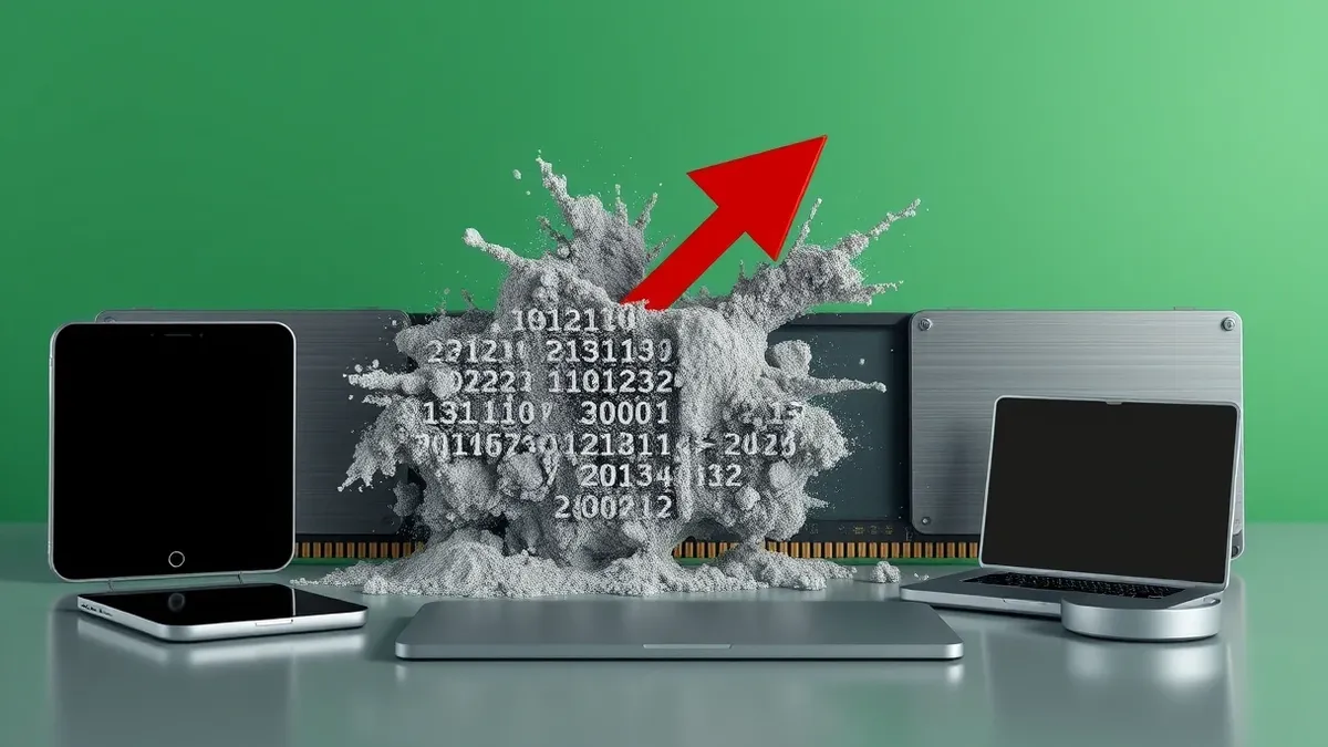 Illustration: A computer memory block dissolves into grey dust as a jagged red arrow pierces the empty space.