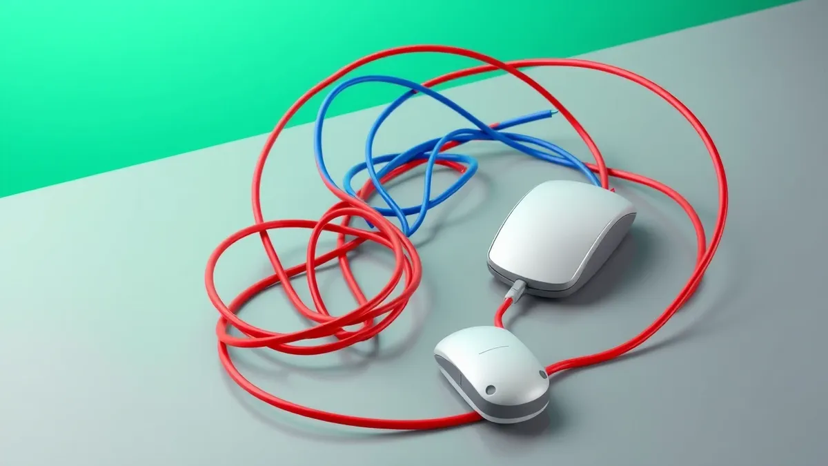 Illustration: A tangled knot of red and blue cables lies on a grey desk, with one loose end extending toward a blank computer mouse.