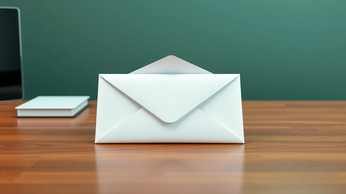 Illustration: A generic white envelope sits on a wooden desk.