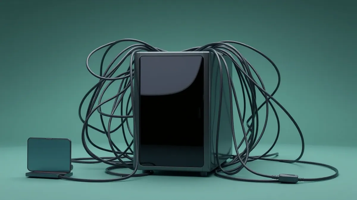Illustration: A sleek cloud server sits in the center, surrounded by a tangled web of loose cables that fail to connect properly.