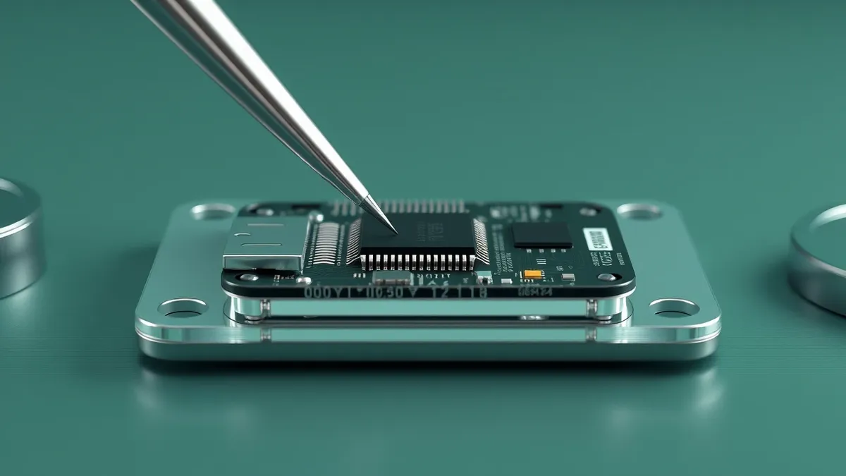 Illustration: A small internet of things sensor lies open on a workbench, exposing its internal circuit board.