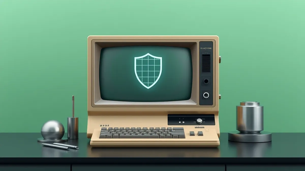 Illustration: A vintage beige mainframe terminal sits isolated on a dark desk.