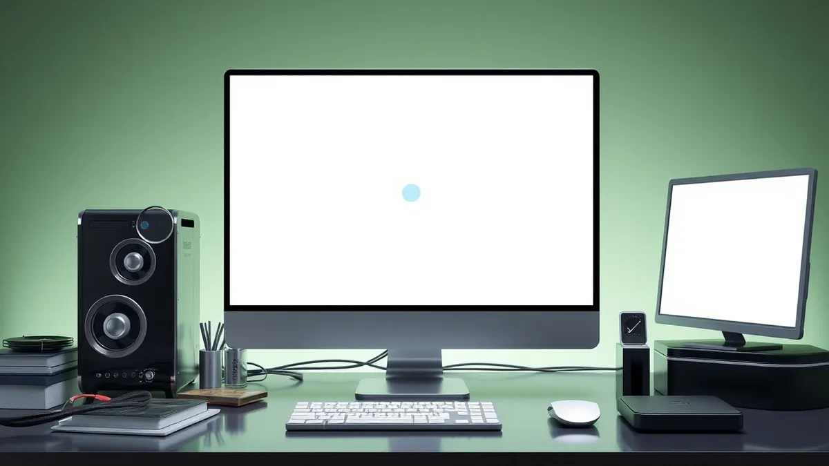 Illustration: A modern desktop computer sits on a cluttered desk, its monitor displaying a blank white webpage with a single, small, abstract icon pulsing faintly in the center.