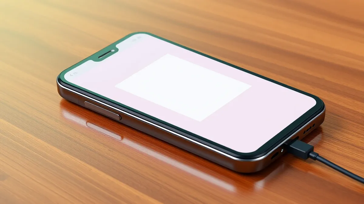 Illustration: A smartphone rests on a wooden table, its screen displaying a blank, colorful rectangular advertisement.