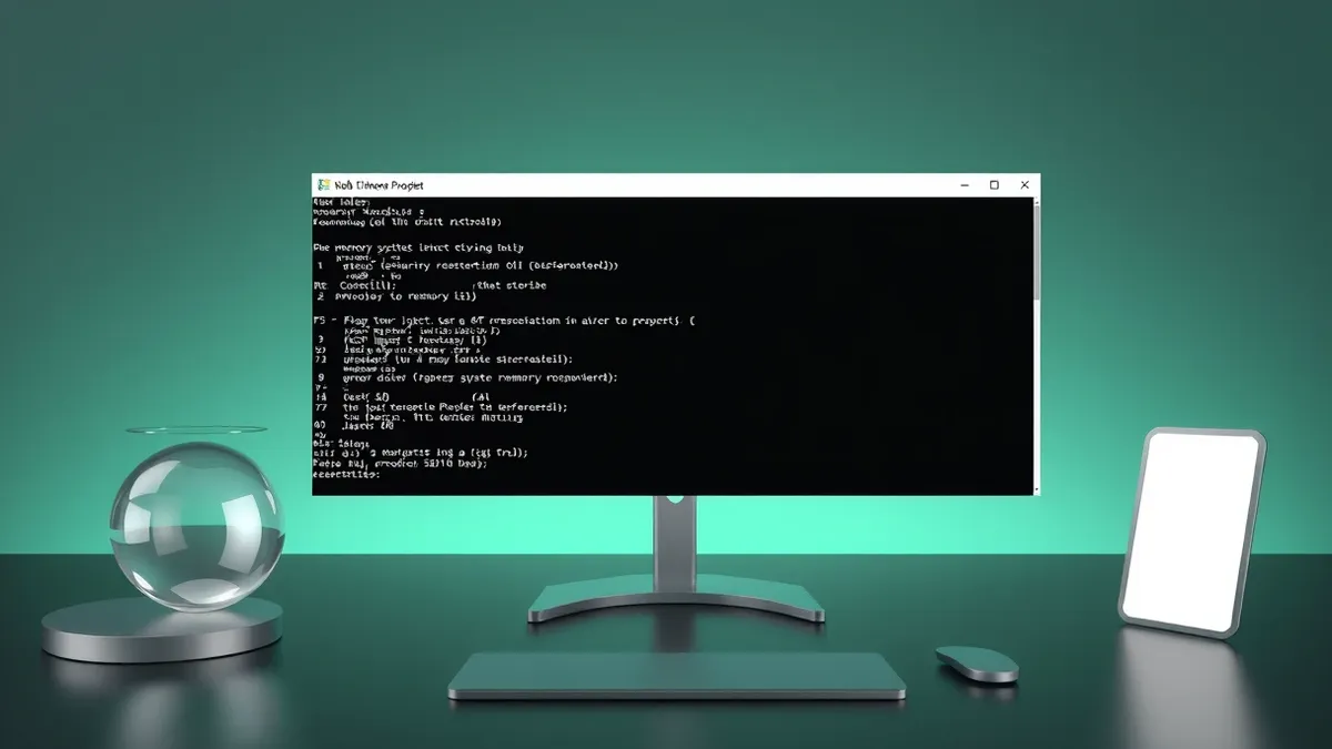 Illustration: A single Windows command prompt window hovers on a dark desktop, its cursor blinking next to a highlighted line of code that injects a memory dump request into a runn