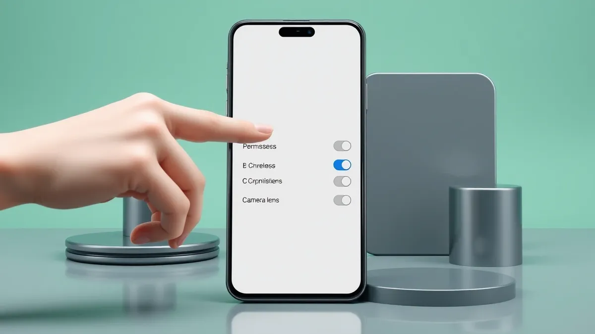 Illustration: A hand reaches toward a smartphone screen displaying a row of blank permission toggles.