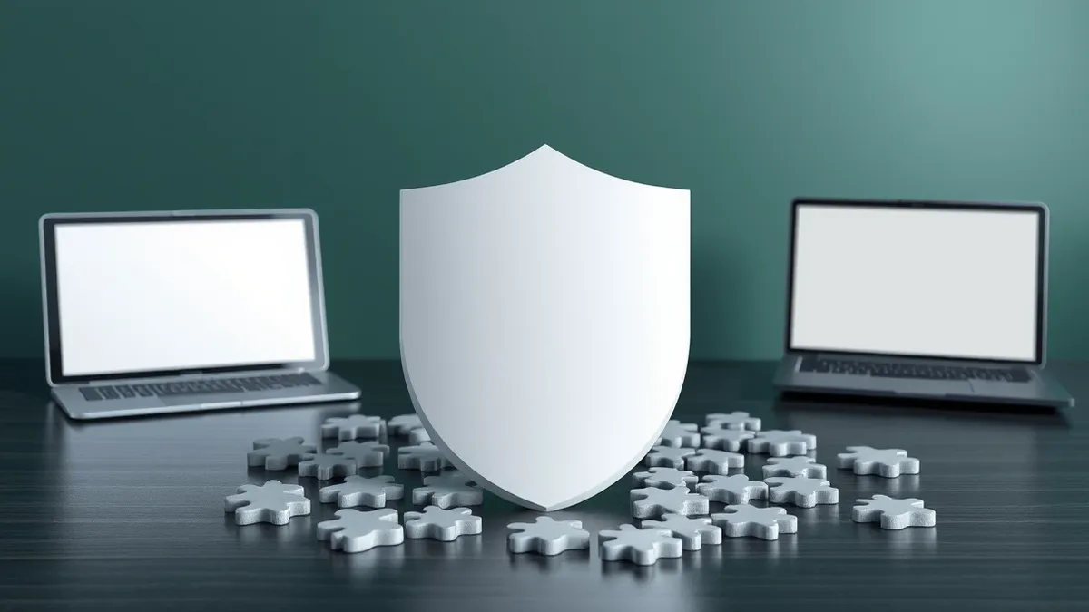 Illustration: A sleek white shield rests on a dark wooden desk, deflecting scattered gray puzzle pieces.