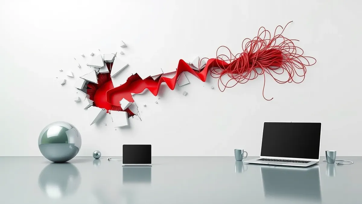 Illustration: A jagged red data stream crashes through a clean white wall, shattering it.