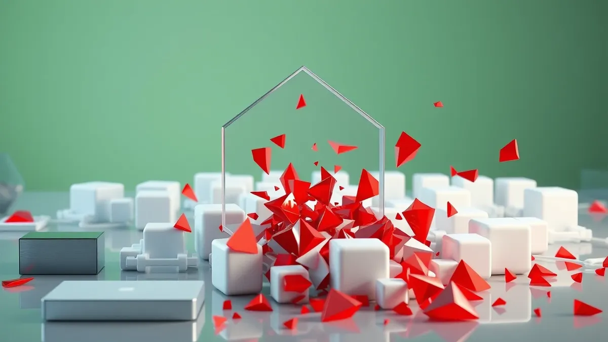 Illustration: A transparent geometric shield blocks jagged red shards from piercing a cluster of smooth white network nodes.