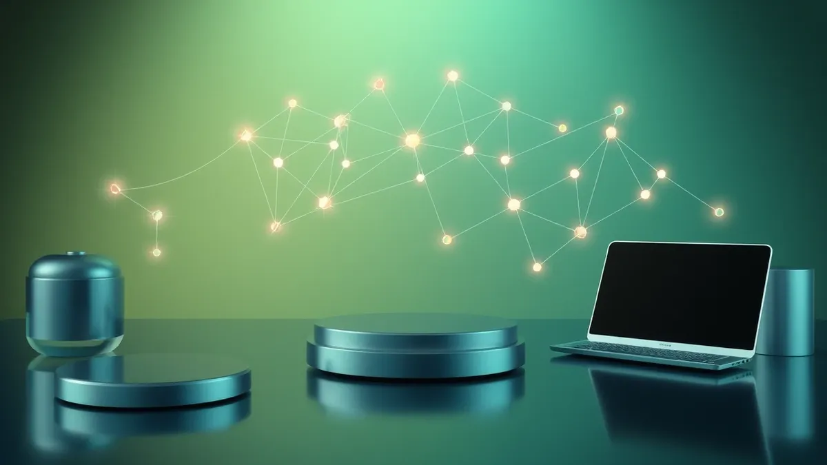 Illustration: A transparent network map floats in the air, connecting glowing nodes with colored lines.
