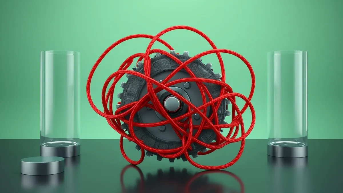 Illustration: A tangled knot of glowing red threads chokes a mechanical gear, freezing its rotation in a chaotic web.