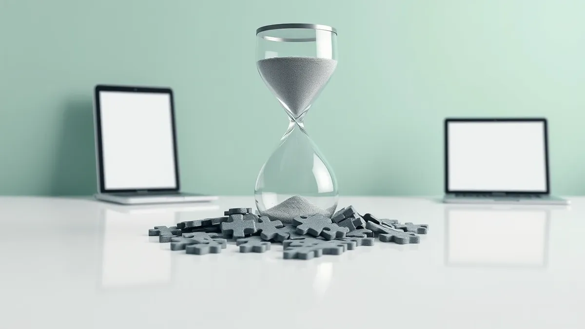 Illustration: A cracked hourglass sits on a sterile white table, its fine sand spilling onto a pile of fragmented grey puzzle pieces.