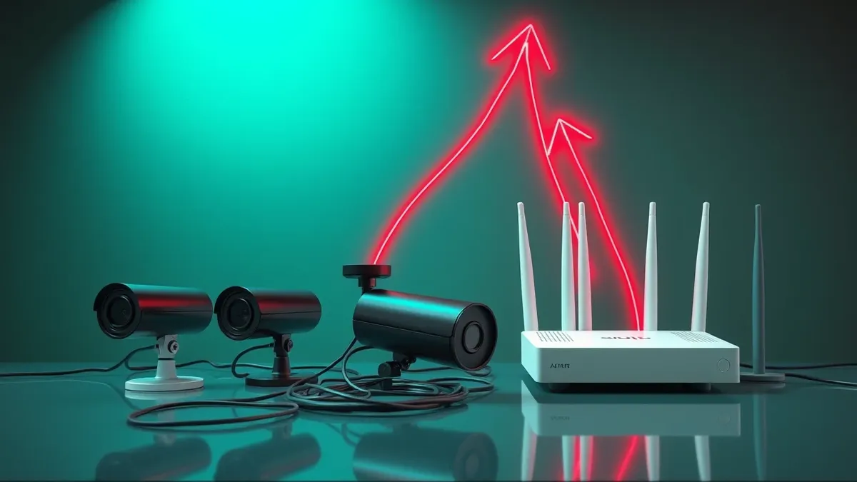Illustration: A row of black security cameras and white routers sits on a desk, connected by tangled ethernet cables.