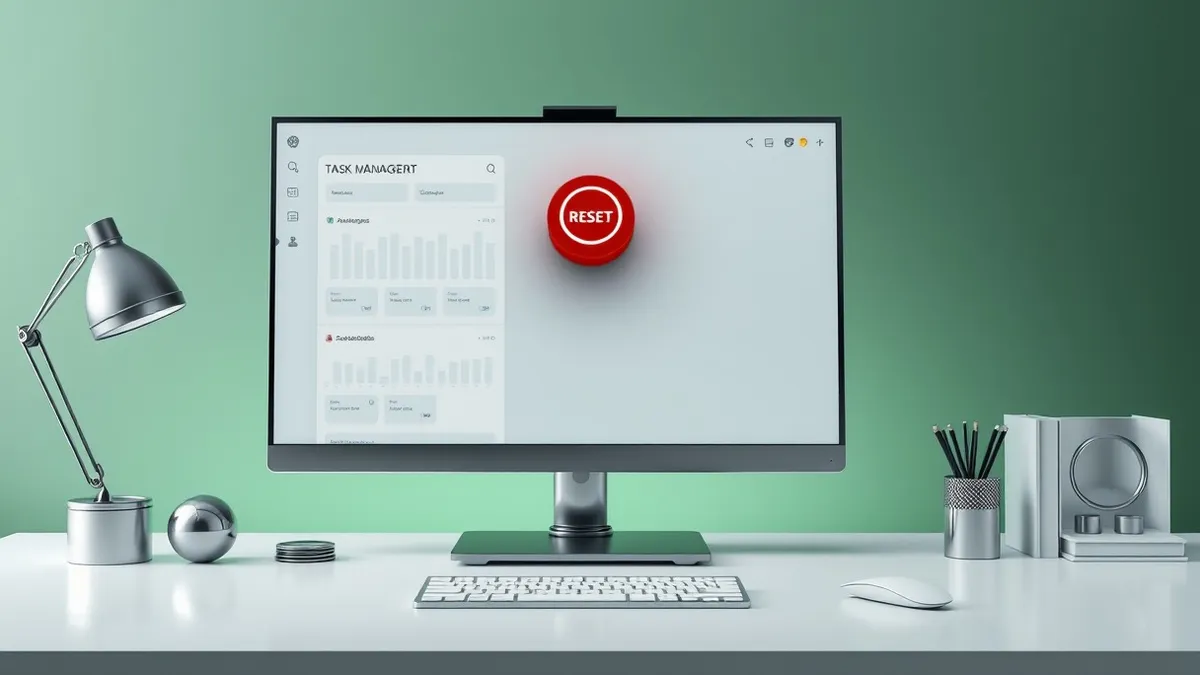 Illustration: A sleek task management interface sits on a clean desk, its layout featuring abstract columns and blank sticky notes.