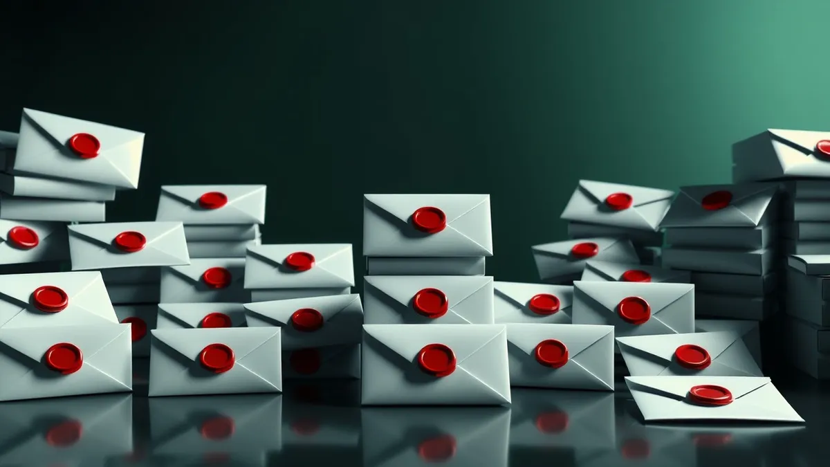 Illustration: A dark, cluttered digital void features fourteen identical, blank white envelopes stacked haphazardly in the foreground.