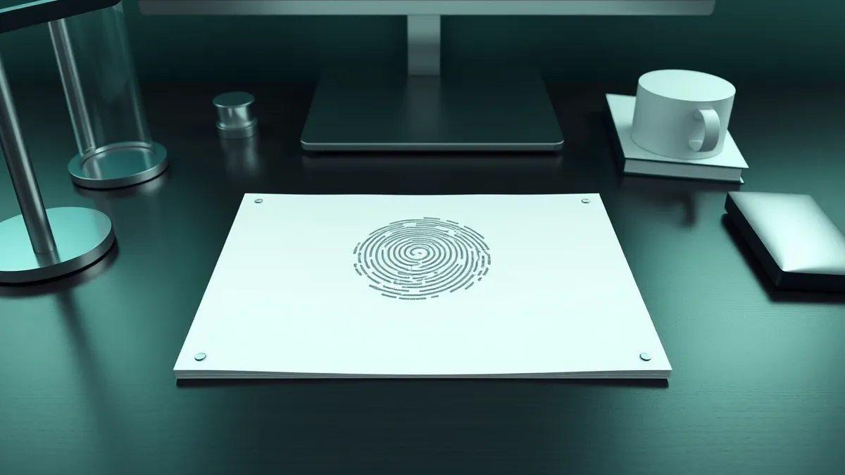 Illustration: A single sheet of white paper lies flat on a dark wooden desk, displaying a complex abstract geometric pattern in the center that resembles a digital fingerprint.