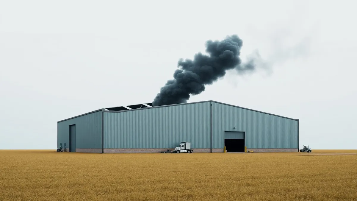 Illustration: A massive, low-profile warehouse building sits isolated in a flat field under a grey sky.