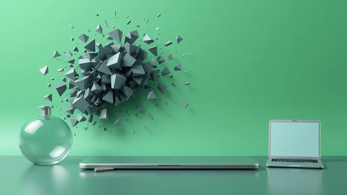 Illustration: A chaotic storm of jagged, irregular geometric shapes crashes violently into the smooth, rounded corner of a pristine digital input field.